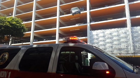 Car dangles from Downtown Santa Monica parking structure
